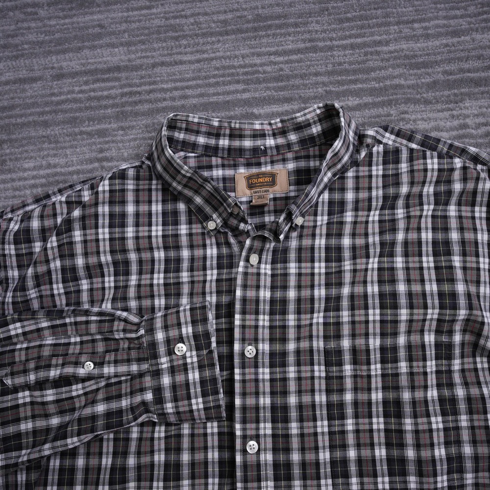 The Foundry Supply Co Men 2XLT Plaid Button Down Shirt Black Grey Easy Care Tall